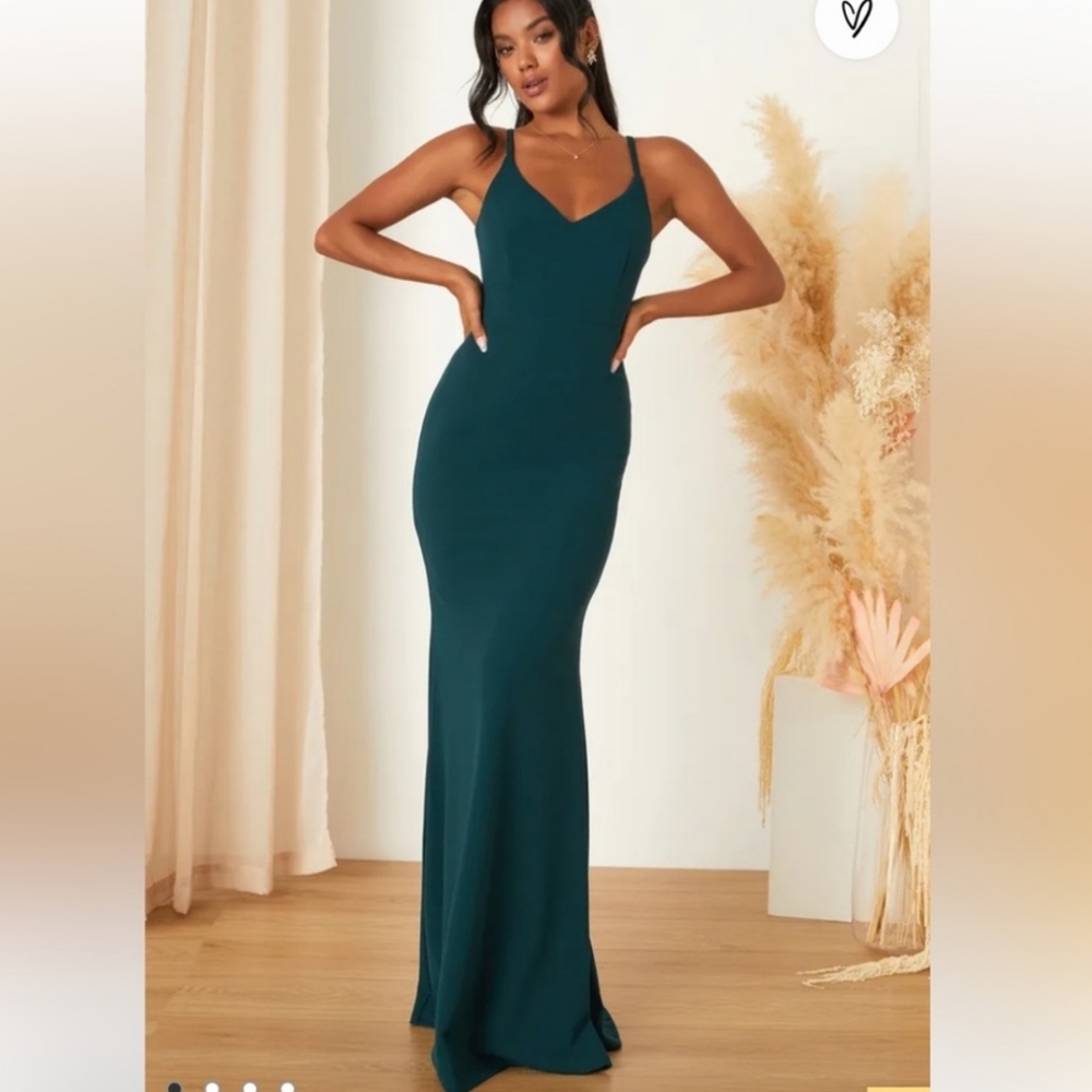 Lulu's Moments of Bliss Forest Green Backless Mermaid Maxi Dress Gown XS